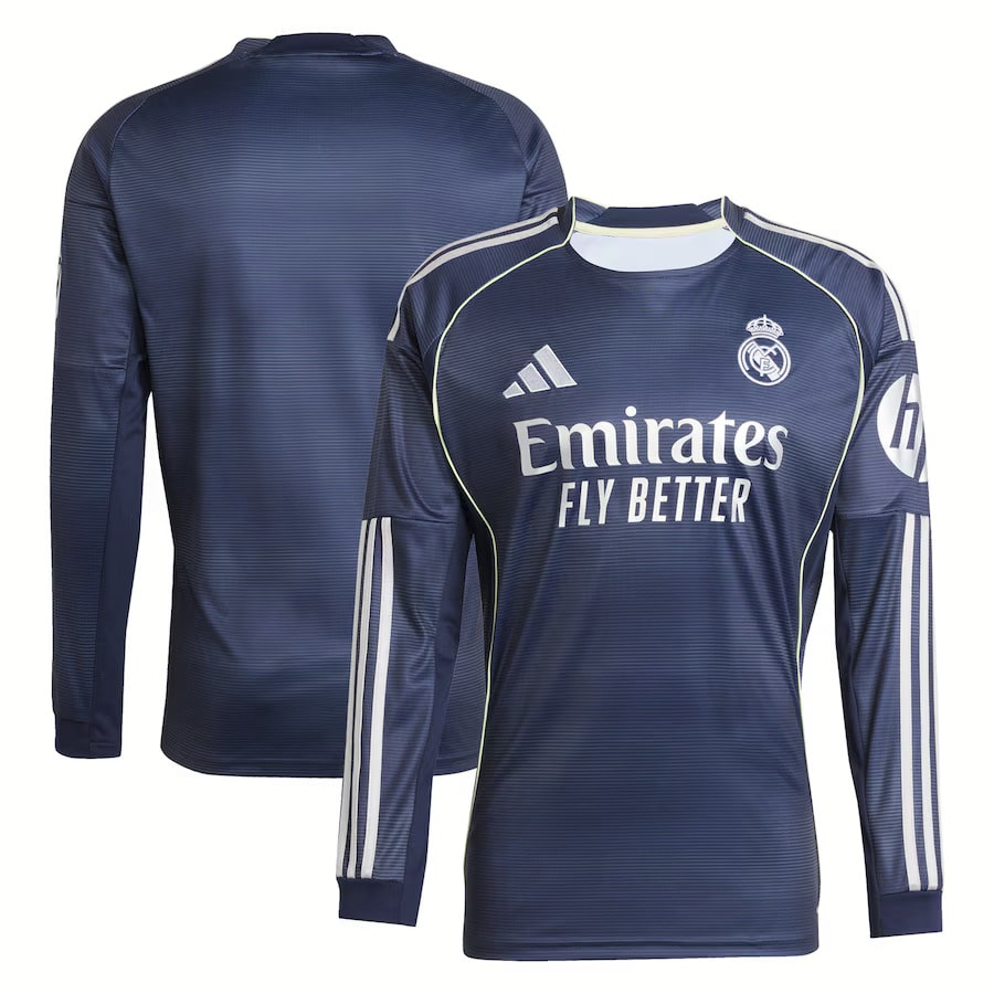 MAILLOT REAL MADRID MANCHES LONGUES EXTERIEUR HOMME BLEU 2025/2026